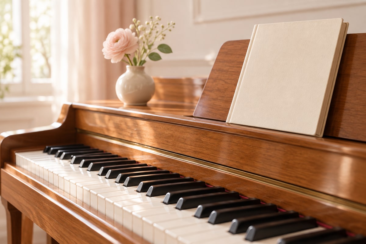 ピアノと音楽ノートの静かなひととき。AI生成のイメージ